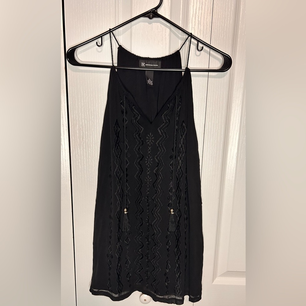 INC International Concepts Black Embroidered V-Neck Sleeveless Tassel Dress L